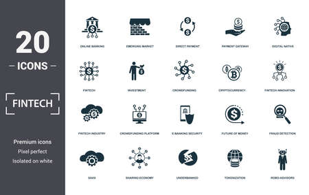 Fintech set icons collection. Includes simple elements such as Online Banking, Emerging Market, Direct Payment, Payment Gateway, Digital Native, Crowdfunding Platform and E-Banking premium icons.のイラスト素材