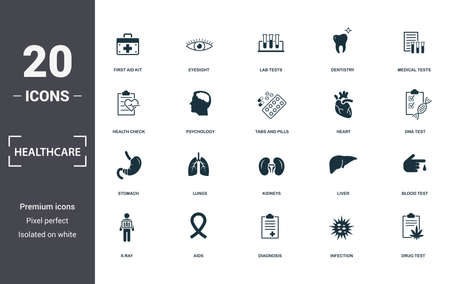 Healthcare icons set collection. Includes simple elements such as First Aid Kit, Eyesight , Lab Tests, Dentistry, Medical Tests, Lungs and Kidneys premium icons.のイラスト素材