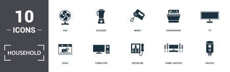Household icons set collection. Includes simple elements such as Fan, Blender, Mixer, Dishwasher, Tv, Computer and Intercom premium icons.のイラスト素材