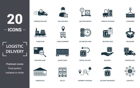 Logistics Delivery icons set collection. Includes simple elements such as Express Delivery, Delivery Man, Delivery Weight, Forklift Package, Container, Cargo Train and Parcel Return premium icons.の写真素材