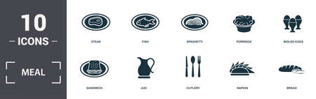 Meal icons set collection. Includes simple elements such as Steak, Fish, Spaghetti, Porridge, Boiled Eggs, Jug and Cutlery premium iconsのイラスト素材