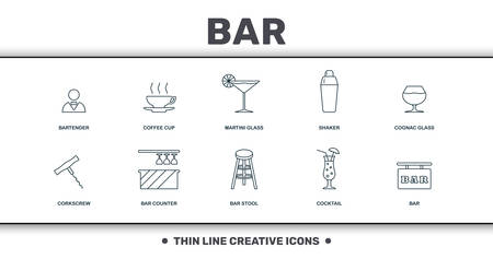 Bar And Restaurant icons set collection. Includes creative elements such as Bartender, Coffee Cup, Martini Glass, Shaker, Cognac Glass, Bar Counter and Bar Stool premium icons.のイラスト素材