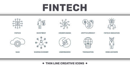 Fintech set icons collection. Includes simple elements such as Fintech, Investment, Crowdfunding, Cryptocurrency, Fintech Innovation, Sharing Economy and Underbanked premium icons.の写真素材