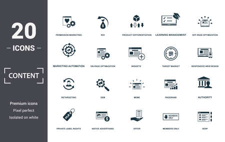 Content icon set. Contain filled flat members only, native advertising, off-page optimization, pagerank, private label rights, responsive web design, return on investment icons. Editable format.のイラスト素材