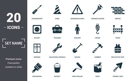 Construction Tools icon set. Contain filled flat bucket, bricks, reflective vest, cone, paint, hammer, dangerous area icons. Editable format.のイラスト素材