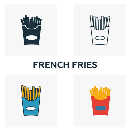 French Fries icon set. Four elements in diferent styles from fastfood icons collection. Creative french fries icons filled, outline, colored and flat symbols.のイラスト素材