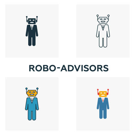 Robo-Advisors icon set. Four elements in diferent styles from fintech icons collection. Creative robo-advisors icons filled, outline, colored and flat symbolsのイラスト素材