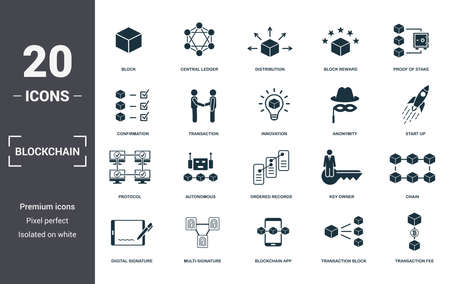Blockchain set icons collection. Includes simple elements such as Block, Central Ledger, Distribution, Block Reward, Proof Of Stake, Autonomous and Ordered Records premium icons.の写真素材