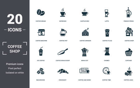 Coffe Shop set icons collection. Includes simple elements such as Coffee Beans, Espresso, Cappuccino, Latte, French Press, Coffee Bean Scoop and Moka Pot premium icons.の写真素材