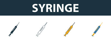Syringe icon set. Four elements in diferent styles from medicine icons collection. Creative syringe icons filled, outline, colored and flat symbols.のイラスト素材