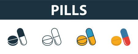 Pills icon set. Four elements in diferent styles from medicine icons collection. Creative pills icons filled, outline, colored and flat symbols.のイラスト素材