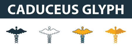 Caduceus Glyph icon set. Four elements in diferent styles from medicine icons collection. Creative caduceus glyph icons filled, outline, colored and flat symbols.のイラスト素材
