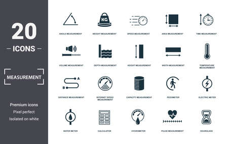 Measurement icons set collection. Includes simple elements such as Angle Measurement, Weight, Speed Measurement, Area Measurement, Time, Internet Speedの写真素材