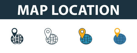 Map Location icon set. Four simple symbols in diferent styles from travel icons collection. Creative...