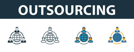Outsourcing icon set. Premium simple element in different styles from customer service icons collection. Set of outsourcing icon in filled, outline, colored and flat symbols concept.のイラスト素材