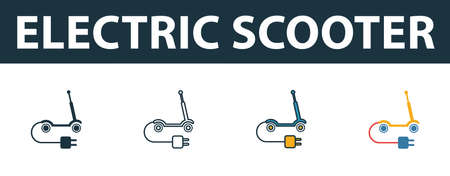 Electric Scooter icon set. Premium simple element in different styles from smart devices icons collection. Set of electric scooter icon in filled, outline, colored and flat symbols concept.のイラスト素材