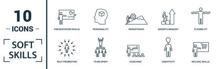 Soft Skills icon set. Include creative elements team spirit, personality, self-promotion, motivating, negotiation icons. Can be used for report, presentation, diagram, web design.のイラスト素材