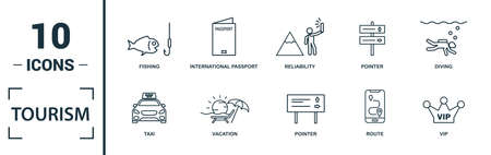 Tourism icon set. Include creative elements visa, international passport, photographing, exhibit, taxi icons. Can be used for report, presentation, diagram, web design.のイラスト素材