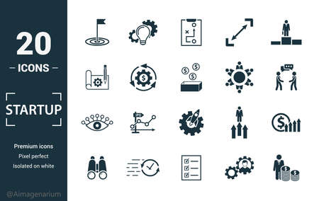 Startup icon set. Include creative elements goal, business plan, prototype, business incubator, vision icons. Can be used for report, presentation, diagram, web design.のイラスト素材