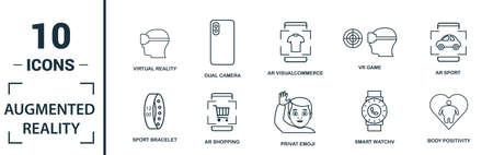 Ar And Vr icon set. Include creative elements augmented reality, 360 view, face recognition, augmented reality glasses, shopping icons. Can be used for report, presentation, diagram, web design.のイラスト素材