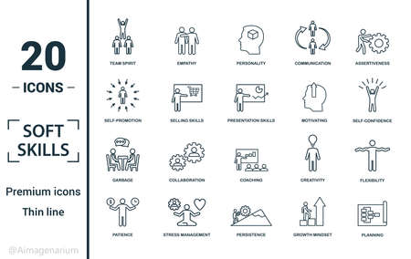 Soft Skills icon set. Include creative elements team spirit, personality, self-promotion, motivating, negotiation icons. Can be used for report, presentation, diagram, web design.のイラスト素材