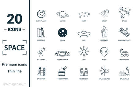 Space icon set. Include creative elements earth planet, stars, spaceship, spacemen, telescope icons. Can be used for report, presentation, diagram, web design.のイラスト素材