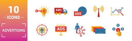 Advertising icon set. Include creative elements focus group, marketing monitoring, affiliate marketing, tv, global advertising icons. Can be used for report, presentation, diagram, web design.のイラスト素材