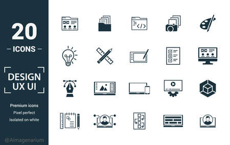 Ui icon set. Include creative elements search, done, thumb up, zoom out, volume up icons. Can be used for report, presentation, diagram, web design.のイラスト素材