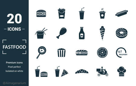 Fastfood icon set. Include creative elements burger, drink with a straw, donuts, chicken leg, delivery icons. Can be used for report, presentation, diagram, web design.のイラスト素材