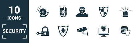 Security icon set. Include creative elements security camera, deffense, lock, protection, data protection icons. Can be used for report, presentation, diagram, web design.のイラスト素材