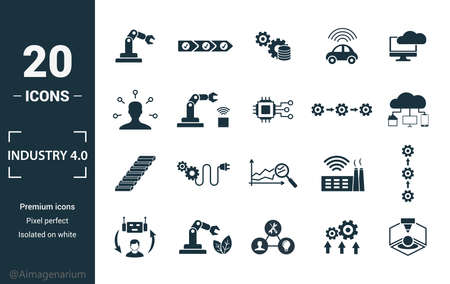 Industry 4.0 icon set. Include creative elements automation, data management, business intelligence, horizontal integration, osi model icons. Can be used for report, presentation, diagram, web design.のイラスト素材