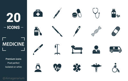 Medicine icon set. Include creative elements medical bag, pills, mixture, dna, pipette icons. Can be used for report, presentation, diagram, web design.のイラスト素材