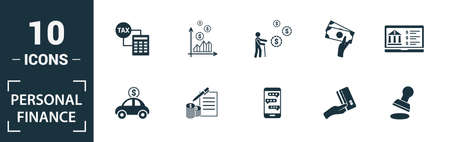 Personal Finance icon set. Include creative elements personal income, personal loan, budgeting, online banking, digital wallet icons. Can be used for report, presentation, diagram, web design.のイラスト素材