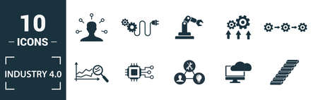 Industry 4.0 icon set. Include creative elements automation, data management, business intelligence, horizontal integration, osi model icons. Can be used for report, presentation, diagram, web design.のイラスト素材