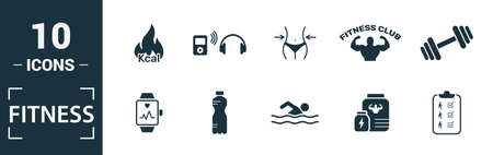 Fitness icon set. Include creative elements pool swimming, calories burn, water, junk food, recovery icons. Can be used for report, presentation, diagram, web design.のイラスト素材