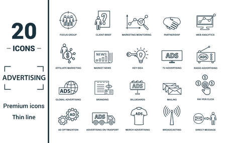 Advertising icon set. Include creative elements focus group, marketing monitoring, affiliate marketing, tv, global advertising icons. Can be used for report, presentation, diagram, web design.のイラスト素材