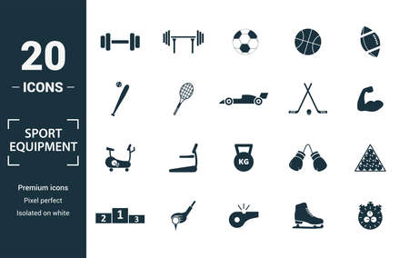 Sport Equipment icon set. Include creative elements dumbbells, soccer ball, baseball, hockey, exercise bike icons. Can be used for report, presentation, diagram, web design.のイラスト素材
