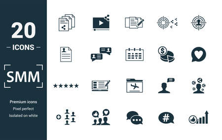 Smm icon set. Include creative elements content, copywriting, user information, budget planning, tops and ratings icons. Can be used for report, presentation, diagram, web design.のイラスト素材