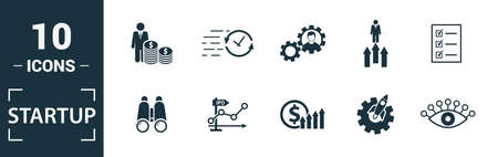 Startup icon set. Include creative elements goal, business plan, prototype, business incubator, vision icons. Can be used for report, presentation, diagram, web design.の写真素材