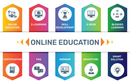 Vector Infographic template Online Education data visualization. 10 step options. Can be used for process diagram, presentations, workflow layout, banner with ONLINE EDUCATION iconsのイラスト素材