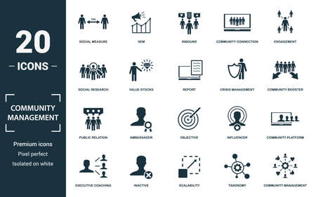 Community Management icon set. Monochrome sign collection with social measure, sem, inbound, community connection and over icons. Community Management elements set.のイラスト素材