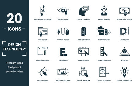 Design Technology icon set. Collection of simple elements such as the collaborative design, visual design, visual thinking, brainstorming. Design Technology theme signs.のイラスト素材