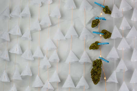 Paper cups and weed nuggs strung up with blue clips