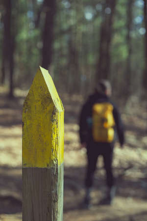 Yellow trail marker with woman hiker wearing yellow backpack on sunny dayの写真素材