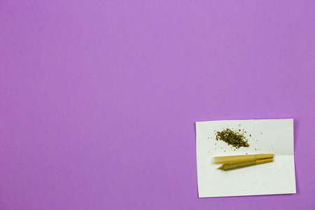 Cone shaped rolling paper with loose medical marijuana and joint on white paper against ultraviolet surfaceの写真素材