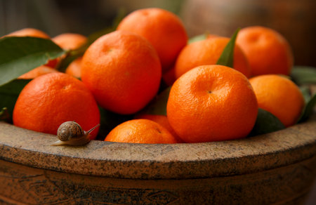 beautiful juicy tangerines in a jugの写真素材