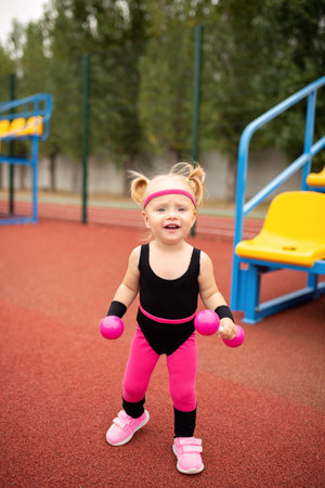 Sports little girl doing fitnessの写真素材
