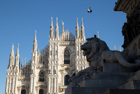 Lion statue and Duomo di Milano, Milan, Italyの写真素材