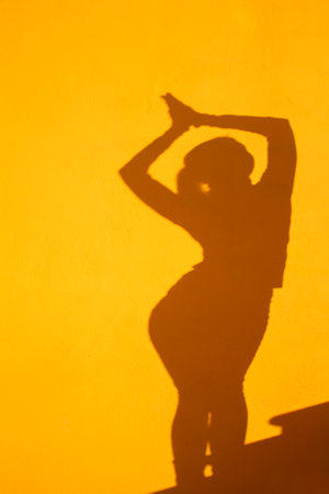 silhouette of a girl on a yellow background in the sunの写真素材