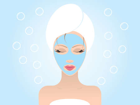 Young beautiful woman with her eyes closed applying a facial mask. Vector illustration.のイラスト素材